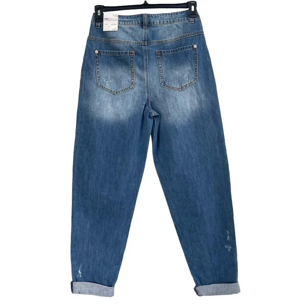 INC SZ 8/29 Cuffed Jeans Distressed Patches High-Rise Pockets Medium Wash Blue - Picture 4 of 11